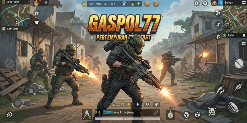 Screenshot utama menunjukkan aksi seru gameplay Battle Royale GASPOL77.