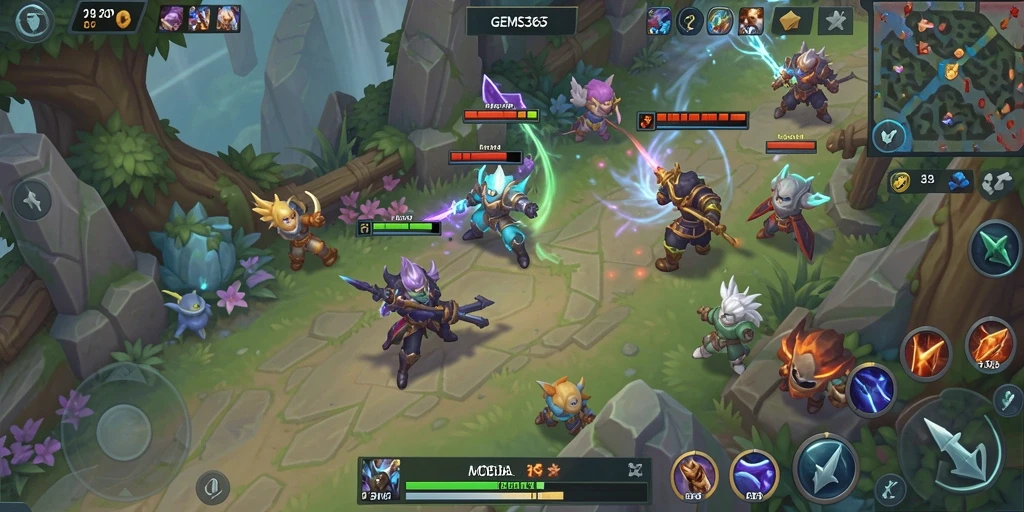 Tangkapan layar GEMS365 menunjukkan aksi intens dalam pertempuran MOBA.