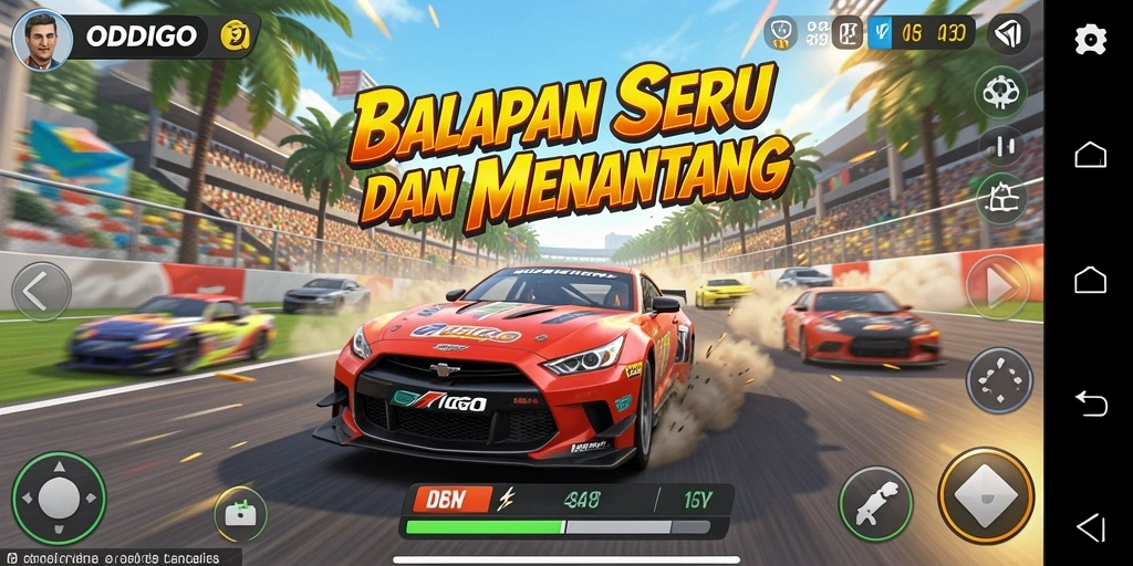 Screenshot utama ODDIGO menampilkan aksi balapan yang seru dan mendebarkan.