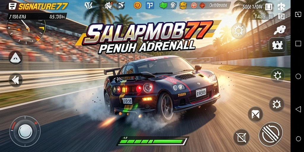 Tangkapan layar gameplay racing SIGNATURE77 dengan mobil balap di lintasan.